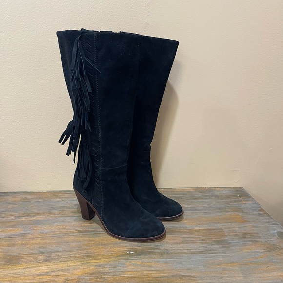 Splendid Serena Heeled Fringe Boots Suede Black Tall Party Zippers Womens 6.5 - Picture 1 of 8